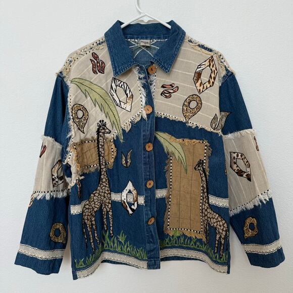 Vintage Giraffe Safari Patchwork Wood Button Denim Jacket Cotton Medium - Picture 1 of 6